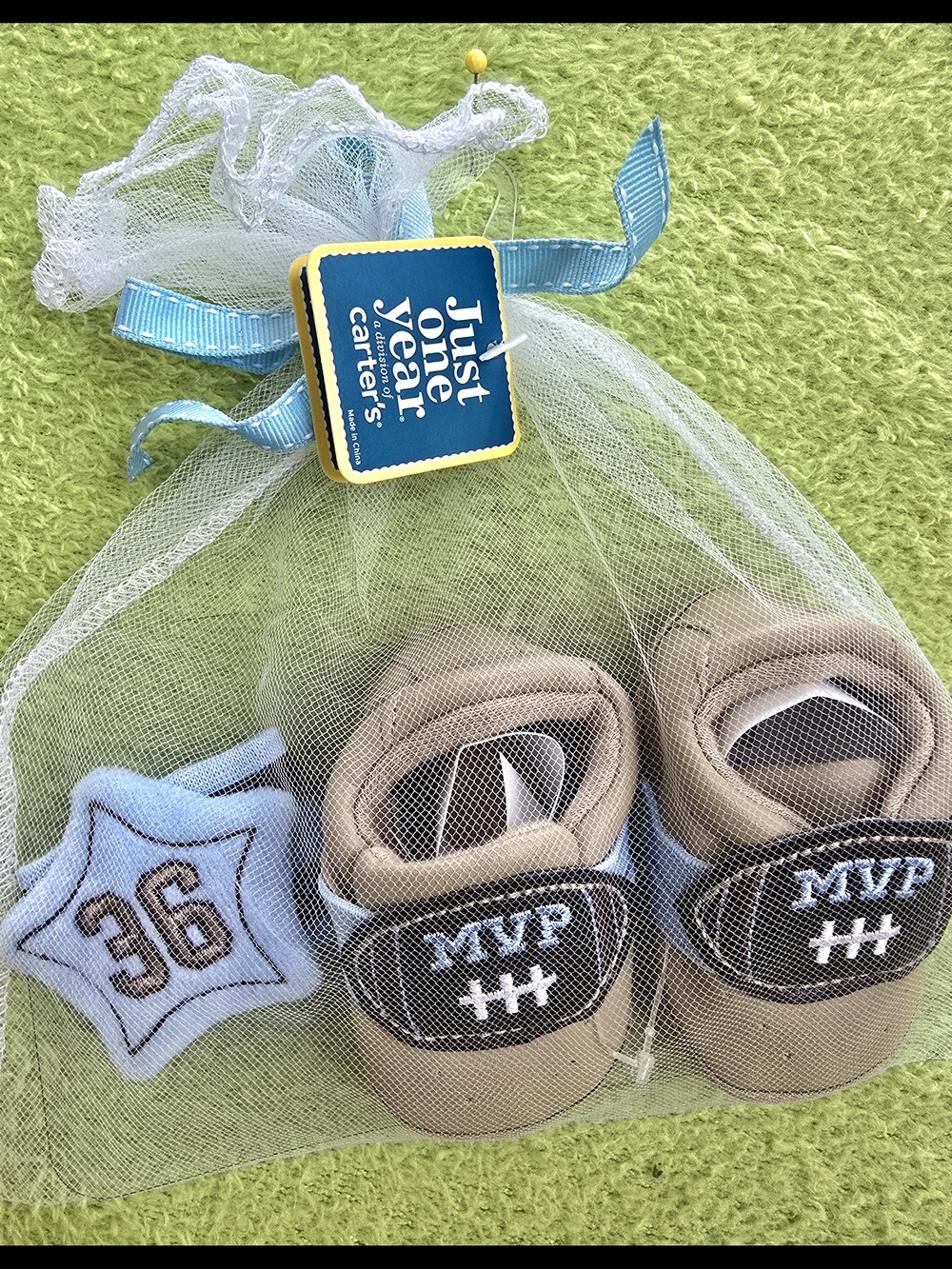 NWT NEWBORN Baby BOYS SHOES & WRIST RATTLE Set - FOOTBALL MVP  Brown + Blue (Q5)